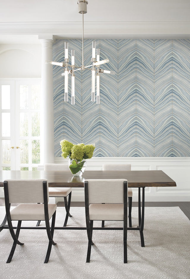 Onyx Strata Mist Blue Premium Peel & Stick Wallpaper with Geometric Stone Vein Motif - York PSW1421RL