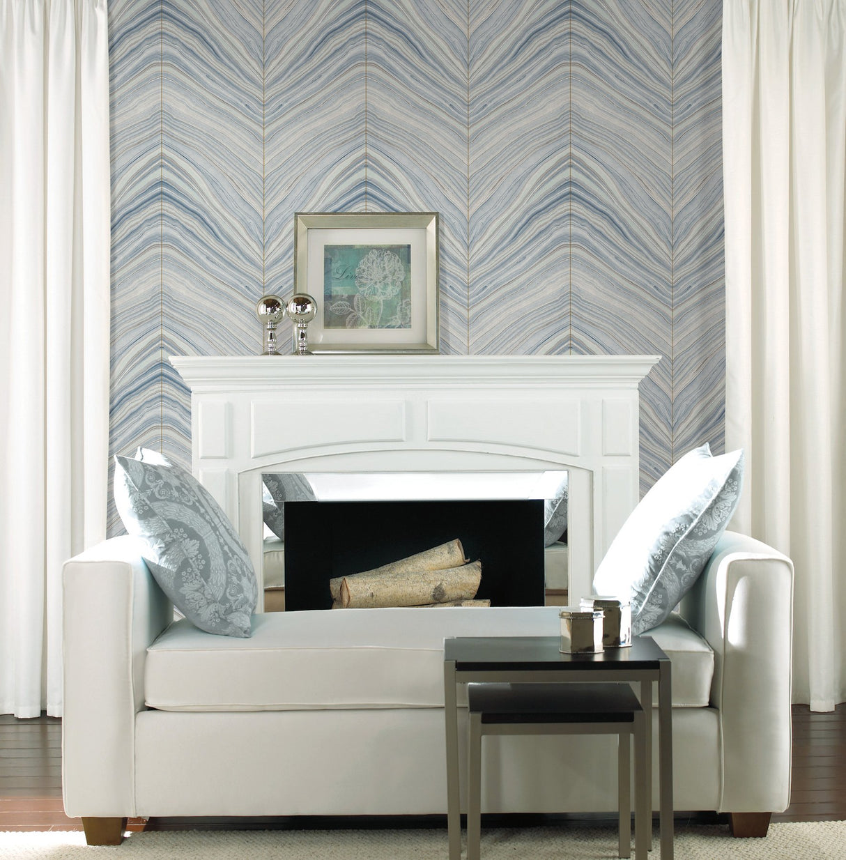 Onyx Strata Mist Blue Premium Peel & Stick Wallpaper with Geometric Stone Vein Motif - York PSW1421RL