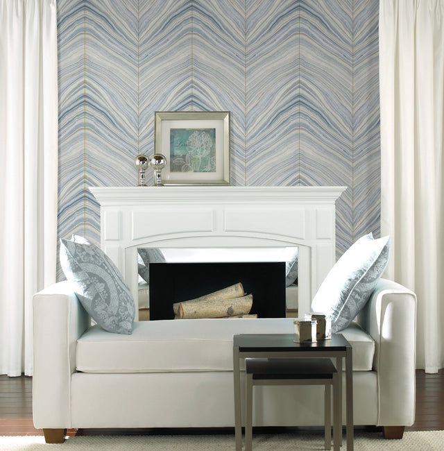 Onyx Strata Mist Blue Premium Peel & Stick Wallpaper with Geometric Stone Vein Motif - York PSW1421RL