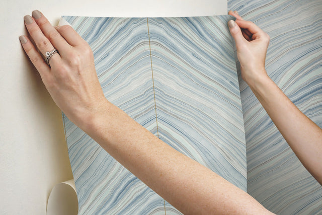 Onyx Strata Mist Blue Premium Peel & Stick Wallpaper with Geometric Stone Vein Motif - York PSW1421RL