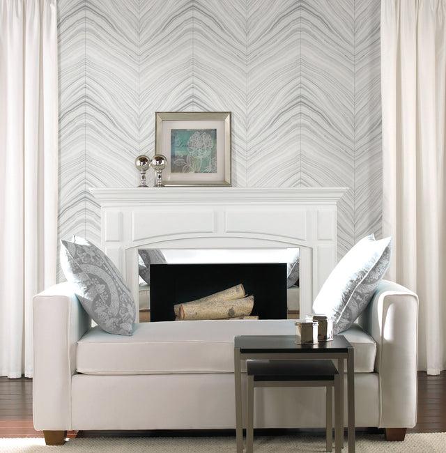 Onyx Strata Sheer Grey Peel & Stick Wallpaper with Geometric Stone Chevron Motif - York PSW1422RL