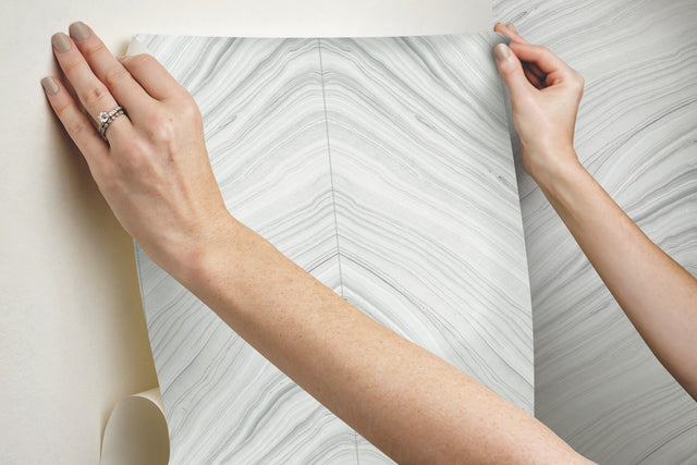 Onyx Strata Sheer Grey Peel & Stick Wallpaper with Geometric Stone Chevron Motif - York PSW1422RL