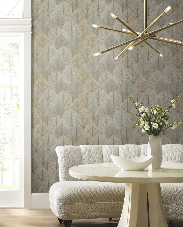 Leaf Concerto Warm Taupe Peel & Stick Wallpaper with Botanical Leaf Pattern - York PSW1425RL