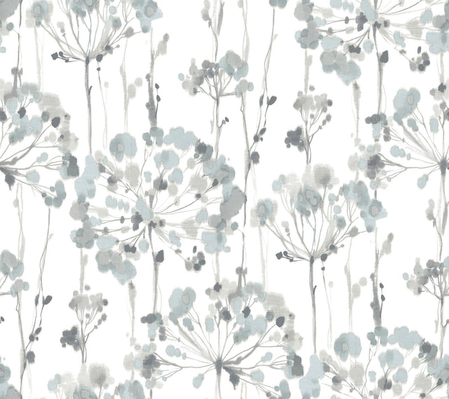 Flourish Sheer Blue & Grey Premium Peel & Stick Wallpaper with Watercolor Floral Pattern - York PSW1428RL