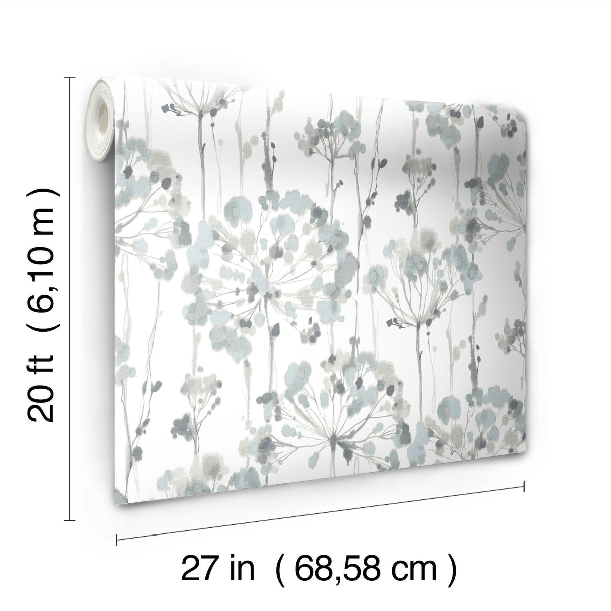 Flourish Sheer Blue & Grey Premium Peel & Stick Wallpaper with Watercolor Floral Pattern - York PSW1428RL
