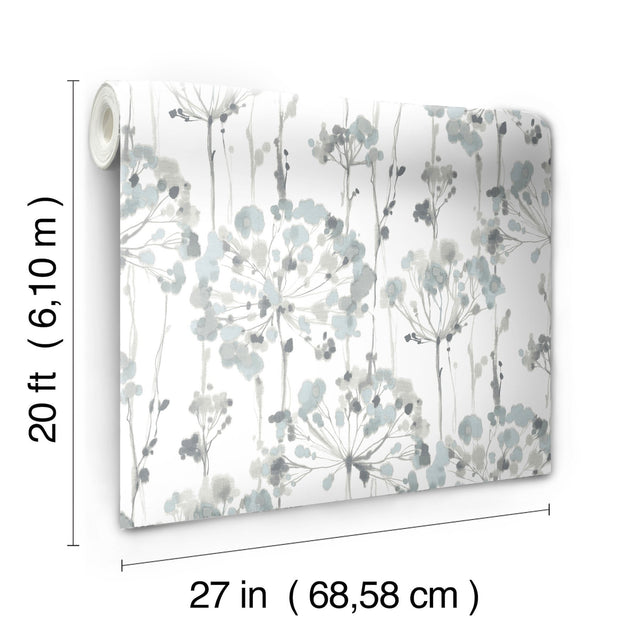 Flourish Sheer Blue & Grey Premium Peel & Stick Wallpaper with Watercolor Floral Pattern - York PSW1428RL