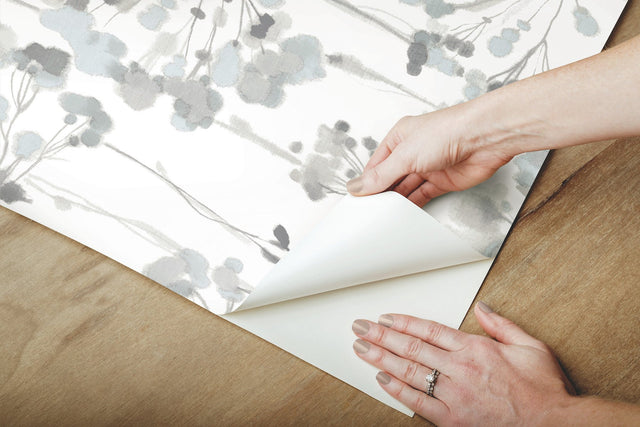 Flourish Sheer Blue & Grey Premium Peel & Stick Wallpaper with Watercolor Floral Pattern - York PSW1428RL
