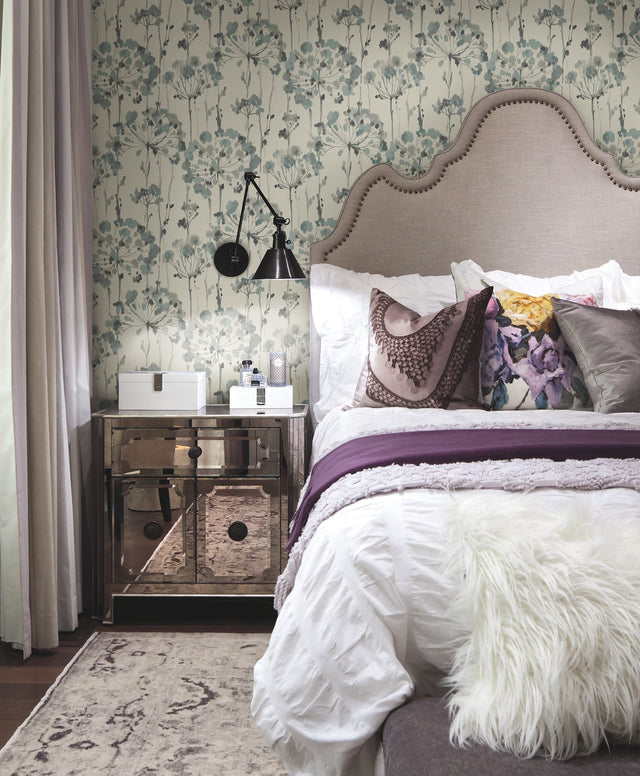 Flourish Sheer Blue & Grey Premium Peel & Stick Wallpaper with Watercolor Floral Pattern - York PSW1428RL