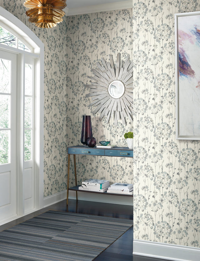 Flourish Sheer Blue & Grey Premium Peel & Stick Wallpaper with Watercolor Floral Pattern - York PSW1428RL