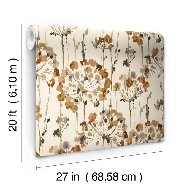 Flourish Burnt Orange Peel & Stick Wallpaper with Watercolor Floral Pattern - York PSW1429RL