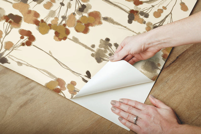 Flourish Burnt Orange Peel & Stick Wallpaper with Watercolor Floral Pattern - York PSW1429RL