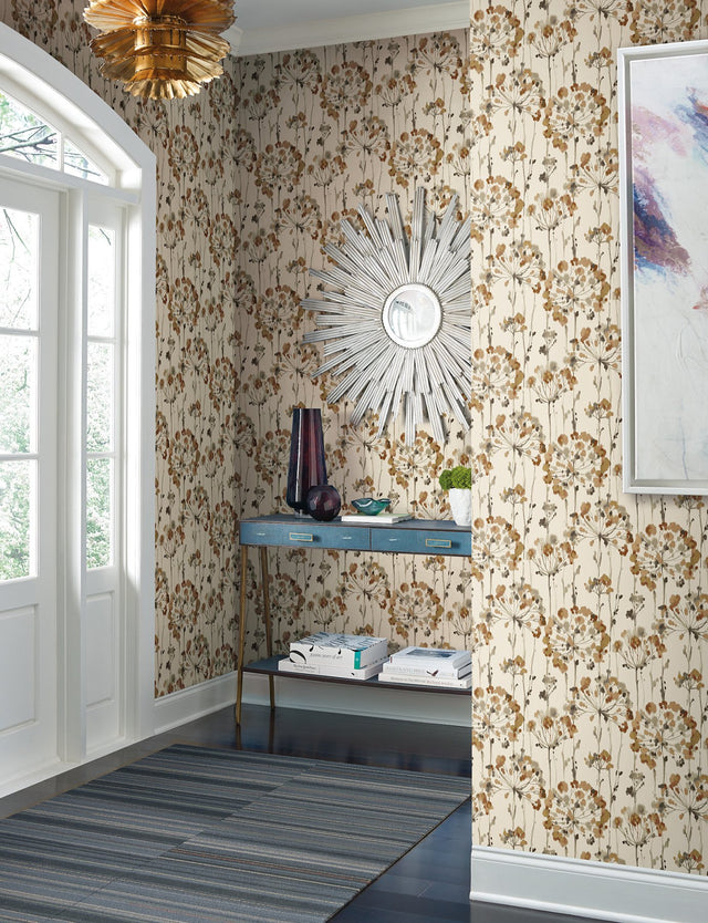Flourish Burnt Orange Peel & Stick Wallpaper with Watercolor Floral Pattern - York PSW1429RL