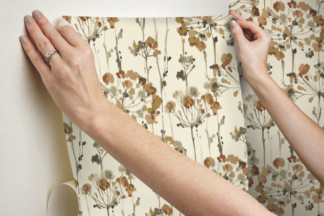 Flourish Burnt Orange Peel & Stick Wallpaper with Watercolor Floral Pattern - York PSW1429RL