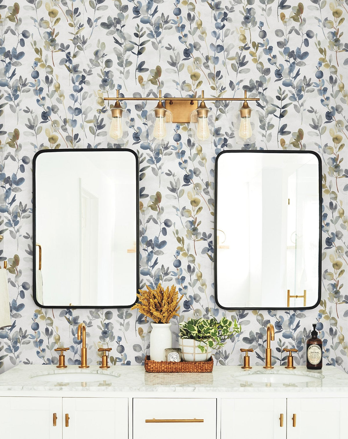 Joyful Eucalyptus Navy Peel & Stick Wallpaper with Botanical Watercolor Motif - York PSW1431RL SAMPLE