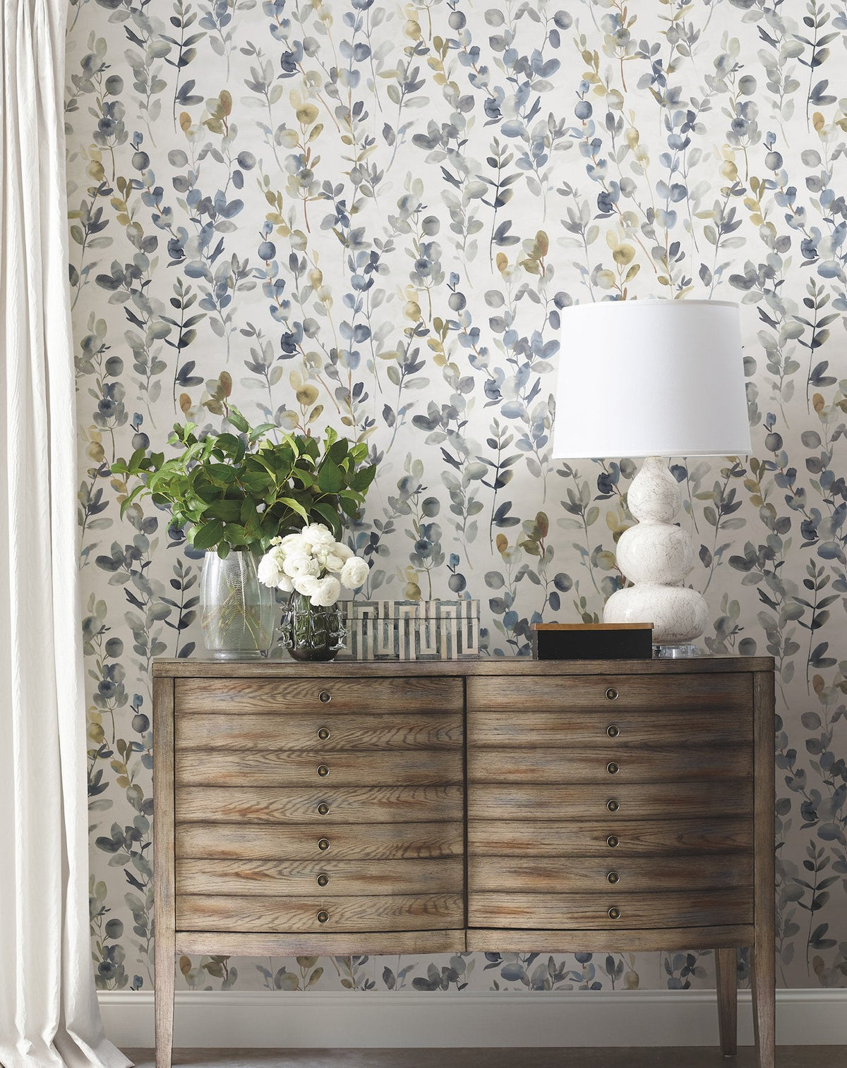 Joyful Eucalyptus Navy Peel & Stick Wallpaper with Botanical Watercolor Motif - York PSW1431RL SAMPLE