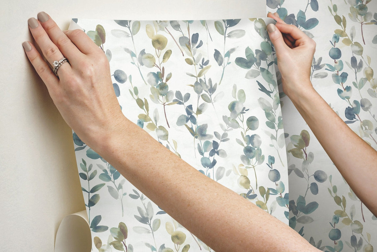 Joyful Eucalyptus Navy Peel & Stick Wallpaper with Botanical Watercolor Motif - York PSW1431RL SAMPLE