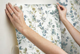 Joyful Eucalyptus Navy Peel & Stick Wallpaper with Botanical Watercolor Motif - York PSW1431RL SAMPLE