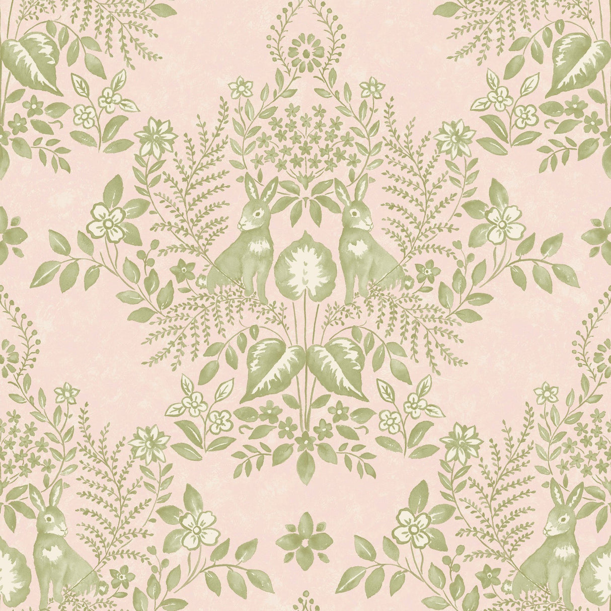Cottontail Toile Pink & Chartreuse Peel & Stick Wallpaper with Whimsical Rabbit Damask - York PSW1432RL