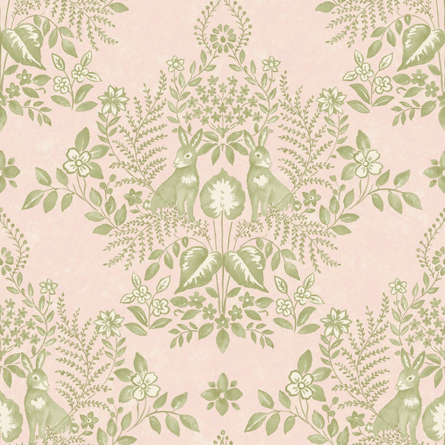 Cottontail Toile Pink & Chartreuse Peel & Stick Wallpaper with Whimsical Rabbit Damask - York PSW1432RL