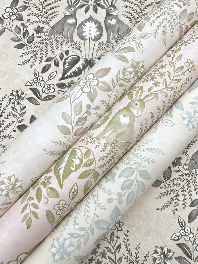 Cottontail Toile Pink & Chartreuse Peel & Stick Wallpaper with Whimsical Rabbit Damask - York PSW1432RL