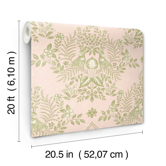 Cottontail Toile Pink & Chartreuse Peel & Stick Wallpaper with Whimsical Rabbit Damask - York PSW1432RL