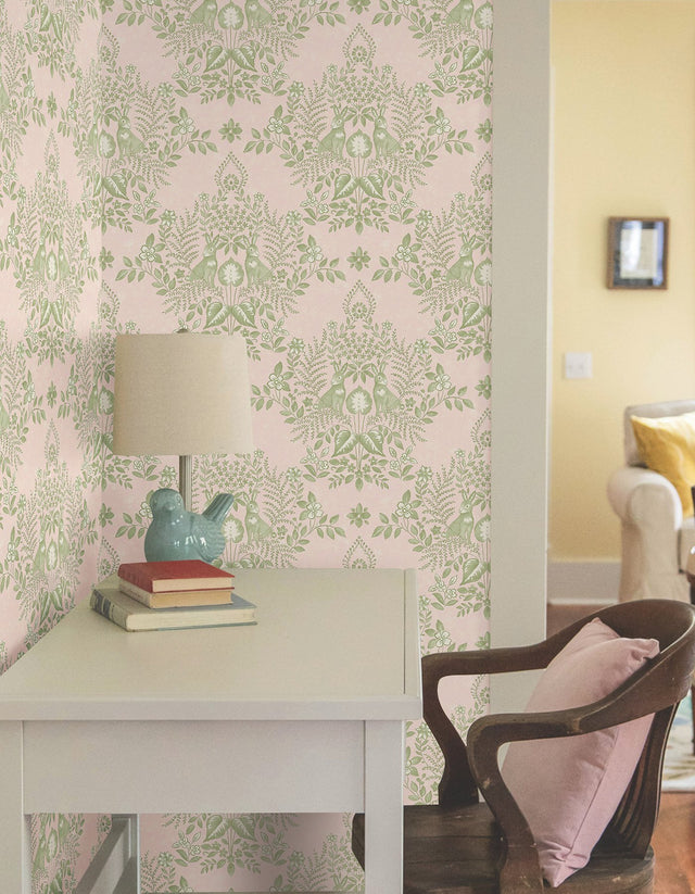 Cottontail Toile Pink & Chartreuse Peel & Stick Wallpaper with Whimsical Rabbit Damask - York PSW1432RL