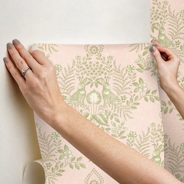 Cottontail Toile Pink & Chartreuse Peel & Stick Wallpaper with Whimsical Rabbit Damask - York PSW1432RL