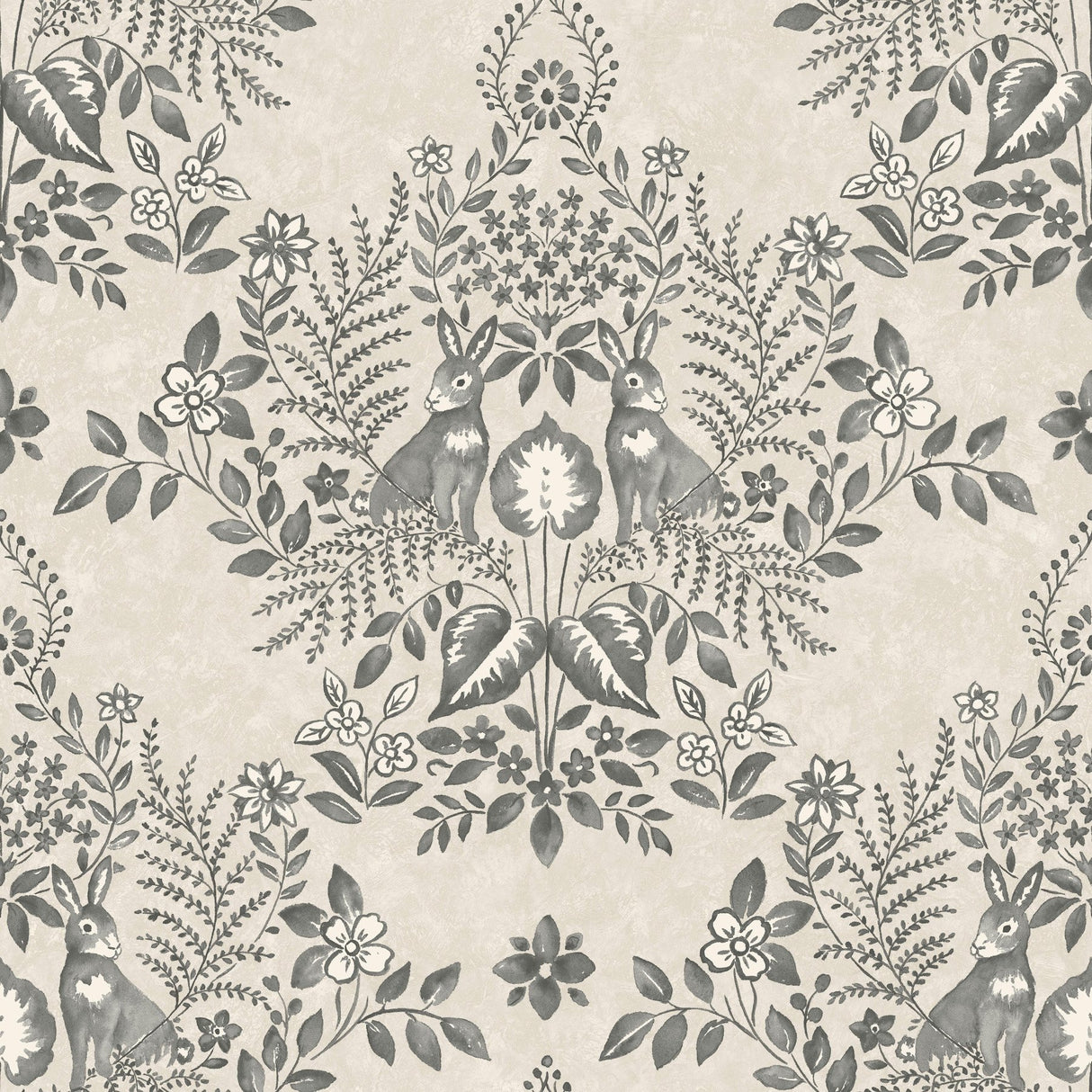 Cottontail Toile Linen & Charcoal Peel & Stick Wallpaper with Rabbit Damask Motif - York PSW1433RL