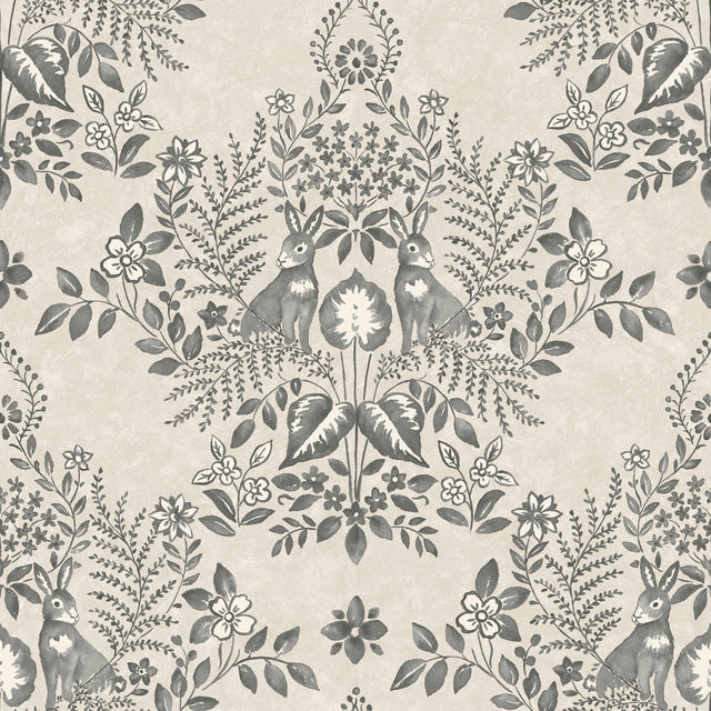 Cottontail Toile Linen & Charcoal Peel & Stick Wallpaper with Rabbit Damask Motif - York PSW1433RL
