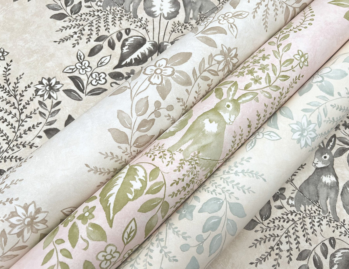 Cottontail Toile Linen & Charcoal Peel & Stick Wallpaper with Rabbit Damask Motif - York PSW1433RL