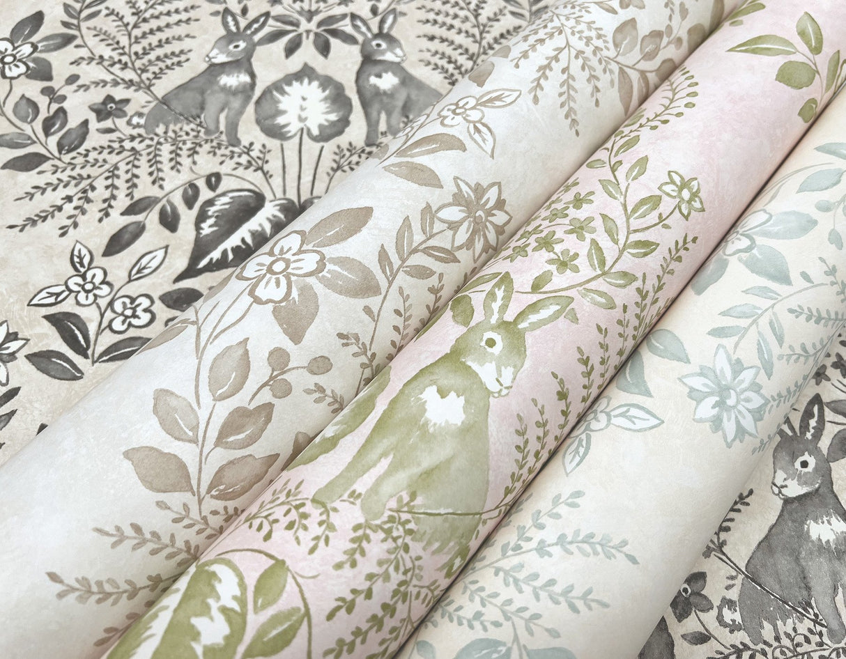 Cottontail Toile Linen & Charcoal Peel & Stick Wallpaper with Rabbit Damask Motif - York PSW1433RL