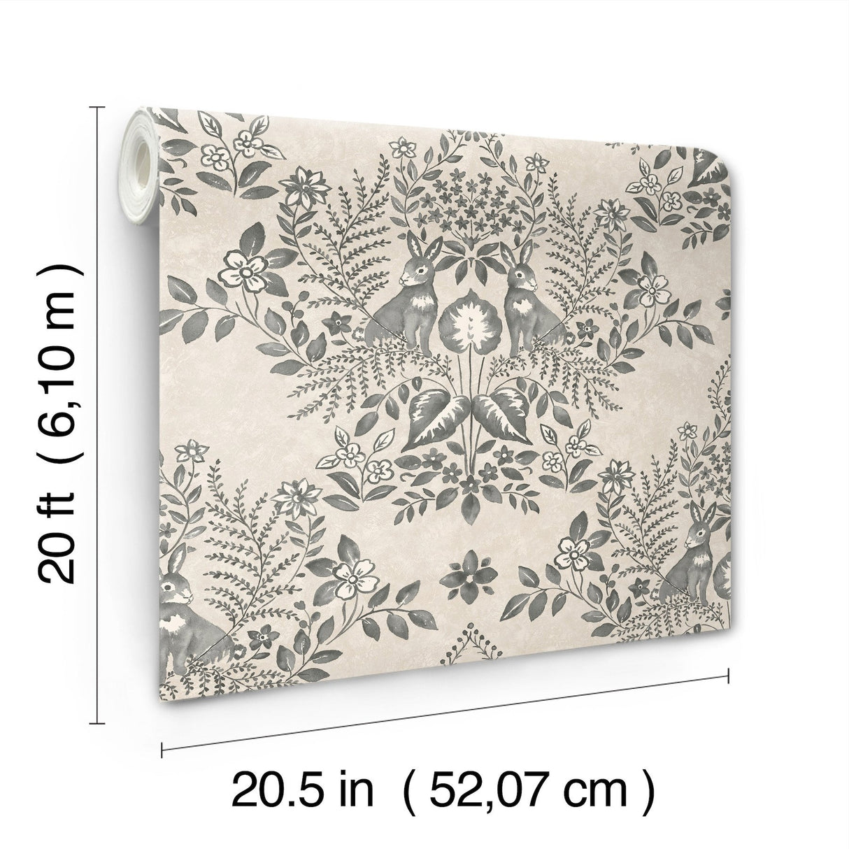 Cottontail Toile Linen & Charcoal Peel & Stick Wallpaper with Rabbit Damask Motif - York PSW1433RL