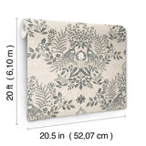 Cottontail Toile Linen & Charcoal Peel & Stick Wallpaper with Rabbit Damask Motif - York PSW1433RL