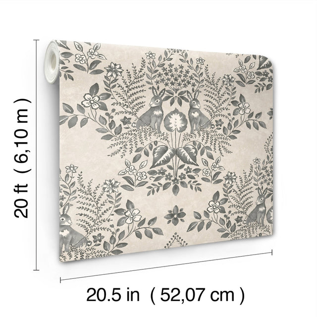 Cottontail Toile Linen & Charcoal Peel & Stick Wallpaper with Rabbit Damask Motif - York PSW1433RL