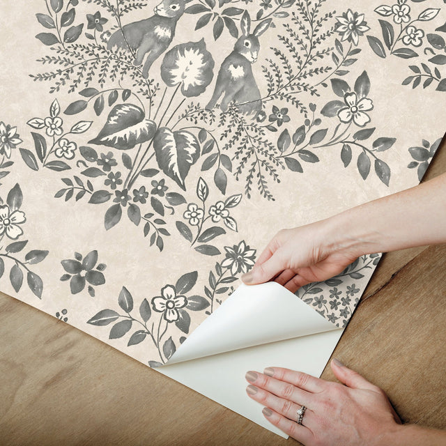 Cottontail Toile Linen & Charcoal Peel & Stick Wallpaper with Rabbit Damask Motif - York PSW1433RL