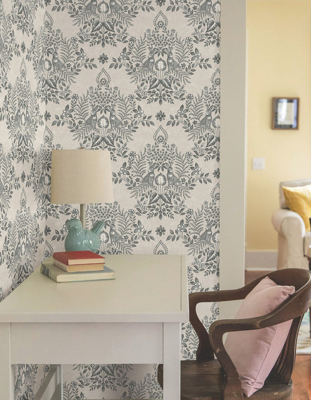 Cottontail Toile Linen & Charcoal Peel & Stick Wallpaper with Rabbit Damask Motif - York PSW1433RL