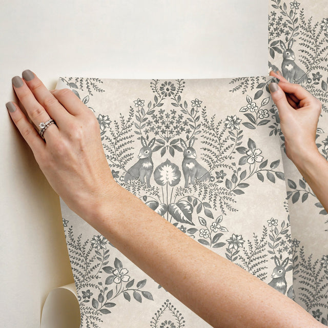 Cottontail Toile Linen & Charcoal Peel & Stick Wallpaper with Rabbit Damask Motif - York PSW1433RL