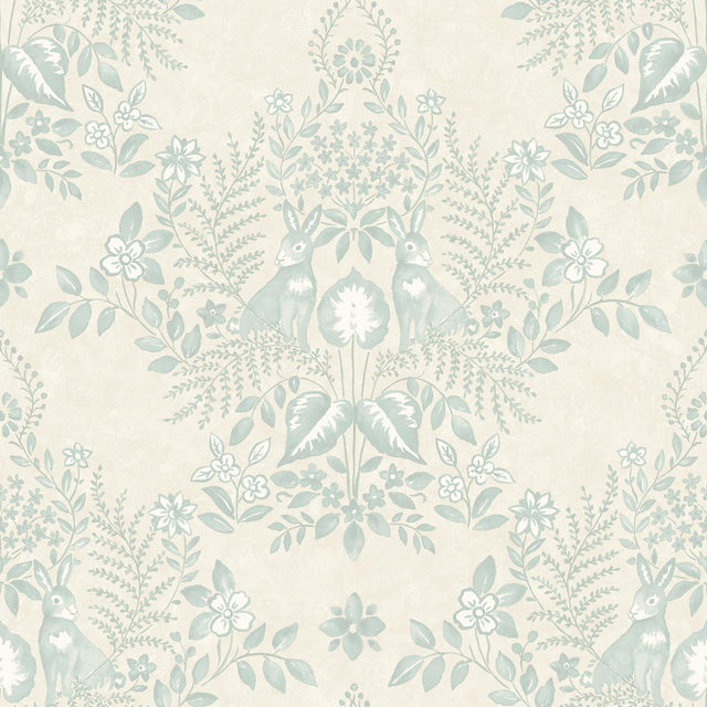 Cottontail Toile Vintage Duck Egg Peel & Stick Wallpaper with Whimsical Rabbit Damask - York PSW1435RL