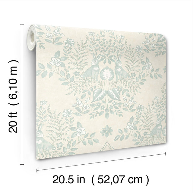 Cottontail Toile Vintage Duck Egg Peel & Stick Wallpaper with Whimsical Rabbit Damask - York PSW1435RL