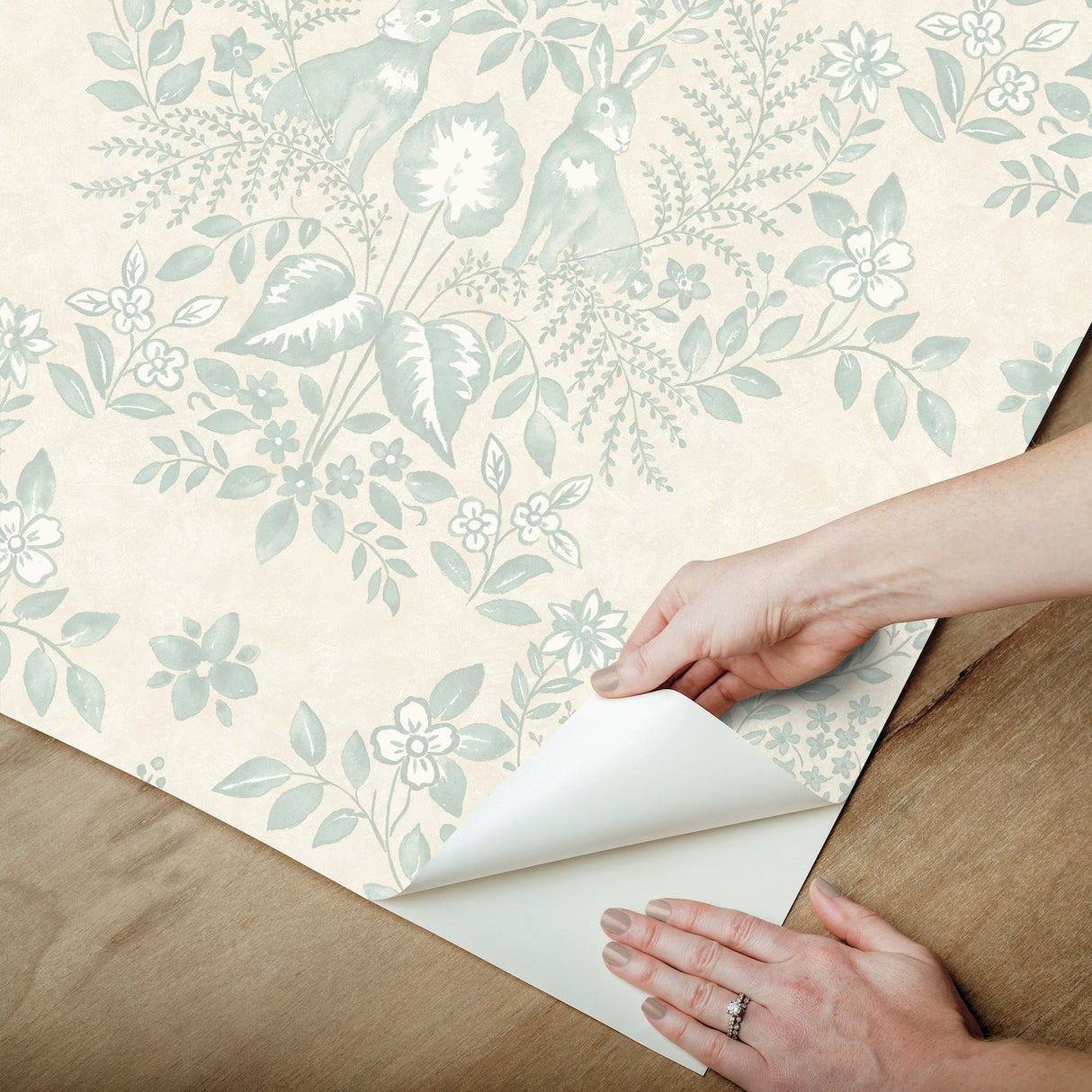 Cottontail Toile Vintage Duck Egg Peel & Stick Wallpaper with Whimsical Rabbit Damask - York PSW1435RL