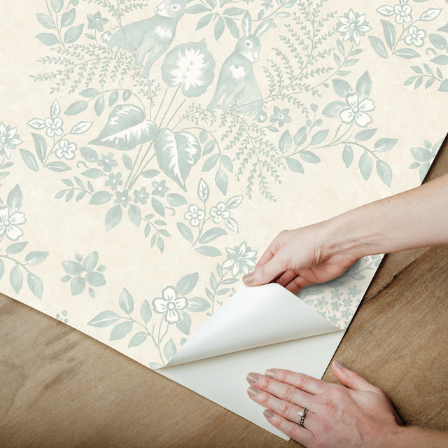 Cottontail Toile Vintage Duck Egg Peel & Stick Wallpaper with Whimsical Rabbit Damask - York PSW1435RL