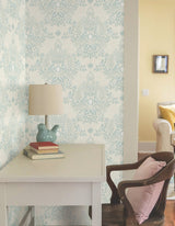 Cottontail Toile Vintage Duck Egg Peel & Stick Wallpaper with Whimsical Rabbit Damask - York PSW1435RL