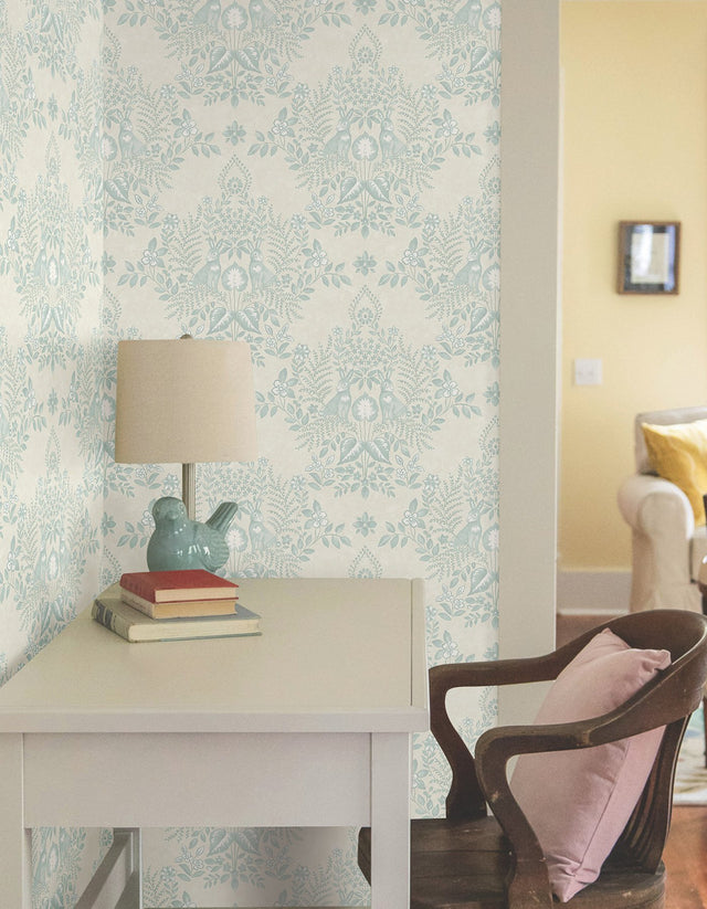 Cottontail Toile Vintage Duck Egg Peel & Stick Wallpaper with Whimsical Rabbit Damask - York PSW1435RL