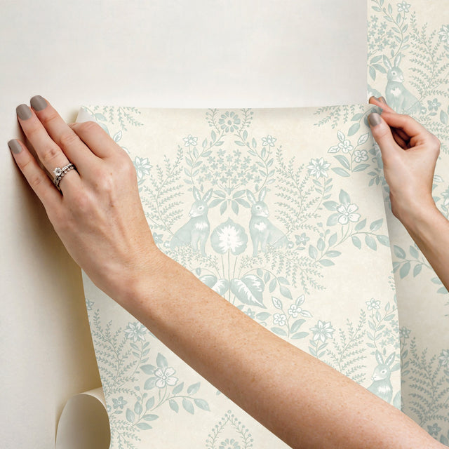 Cottontail Toile Vintage Duck Egg Peel & Stick Wallpaper with Whimsical Rabbit Damask - York PSW1435RL