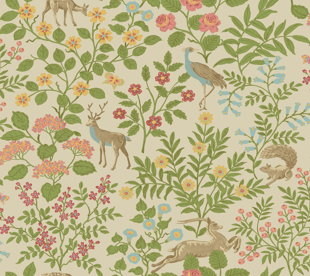 Woodland Floral Linen Peel & Stick Wallpaper with Folk-Art Deer and Peacock Motif - York PSW1436RL