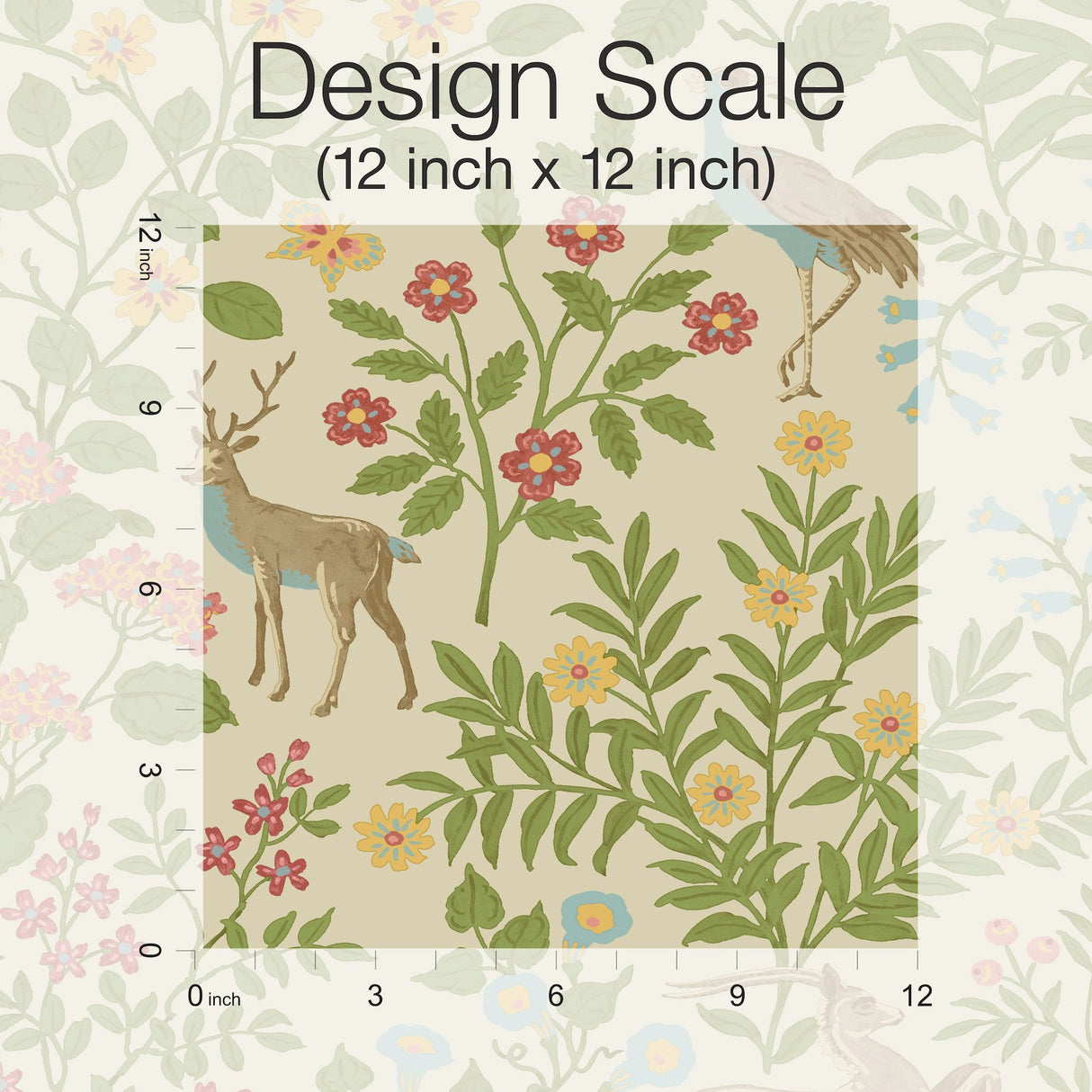Woodland Floral Linen Peel & Stick Wallpaper with Folk-Art Deer and Peacock Motif - York PSW1436RL