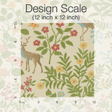 Woodland Floral Linen Peel & Stick Wallpaper with Folk-Art Deer and Peacock Motif - York PSW1436RL