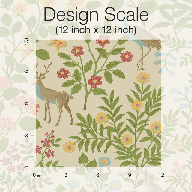 Woodland Floral Linen Peel & Stick Wallpaper with Folk-Art Deer and Peacock Motif - York PSW1436RL