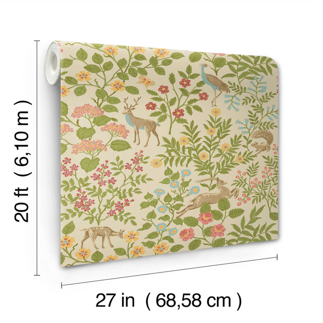 Woodland Floral Linen Peel & Stick Wallpaper with Folk-Art Deer and Peacock Motif - York PSW1436RL