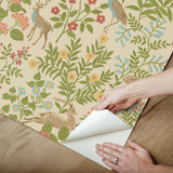 Woodland Floral Linen Peel & Stick Wallpaper with Folk-Art Deer and Peacock Motif - York PSW1436RL